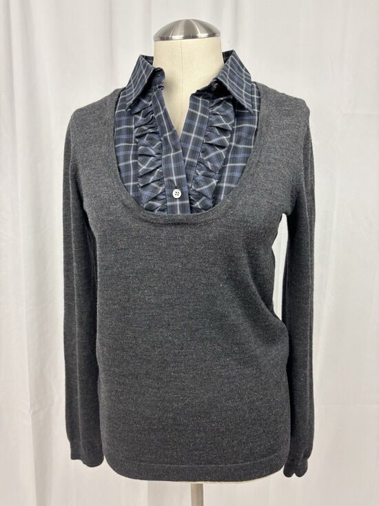 Theory Sweaters - Theory Sweater Women's Medium Black Blue Plaid Ruffle Attached Shirt Collar Wool